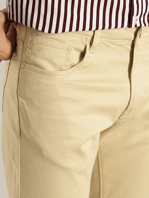 Indian Terrain Men's Slim Fit Solid Beige Trousers